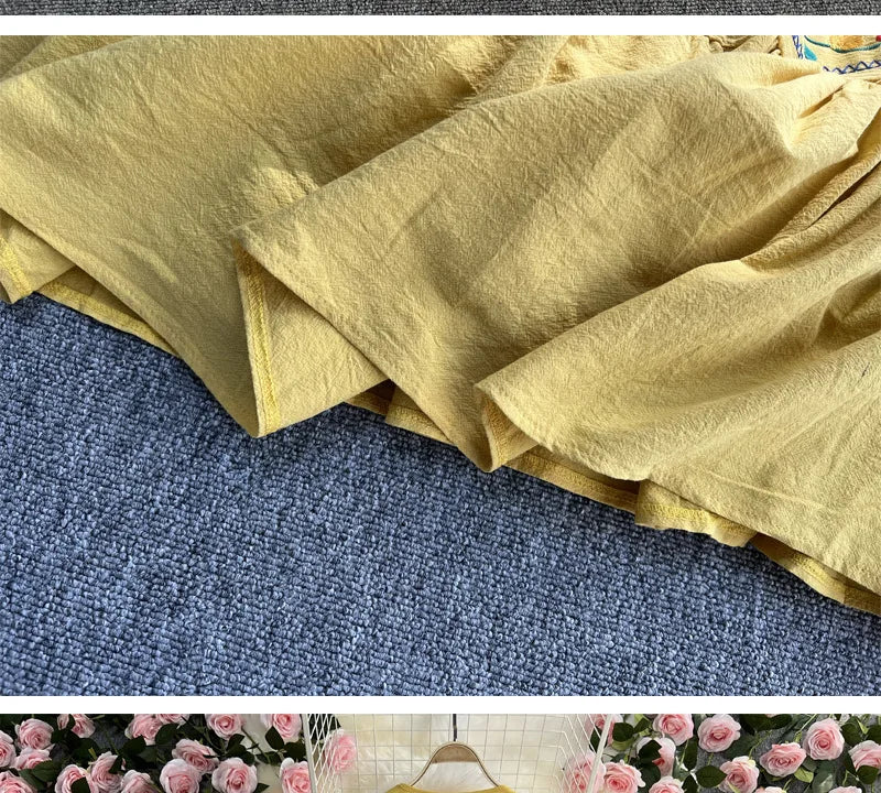 Spring/Summer Women's Travel Vacation Vintage Long Dress Bohemian Ethnic Style Embroidered Waist Tie up Cotton and Linen Dress ﻿