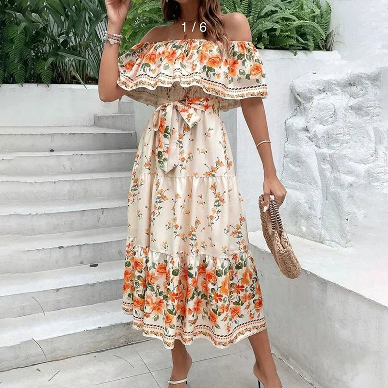 Amazon Off-shoulder Printing Long Dress New Arrival European American Foreign Trade Spring Summer Season Women Fashion