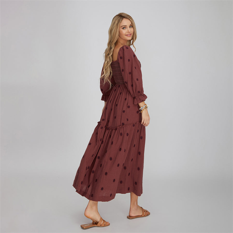 wsevypo Retro Embroidered Flowers Flowy Long Dress Women's Long Puff Sleeve Square Neck Smocked A-Line Dress for Beach Vacation