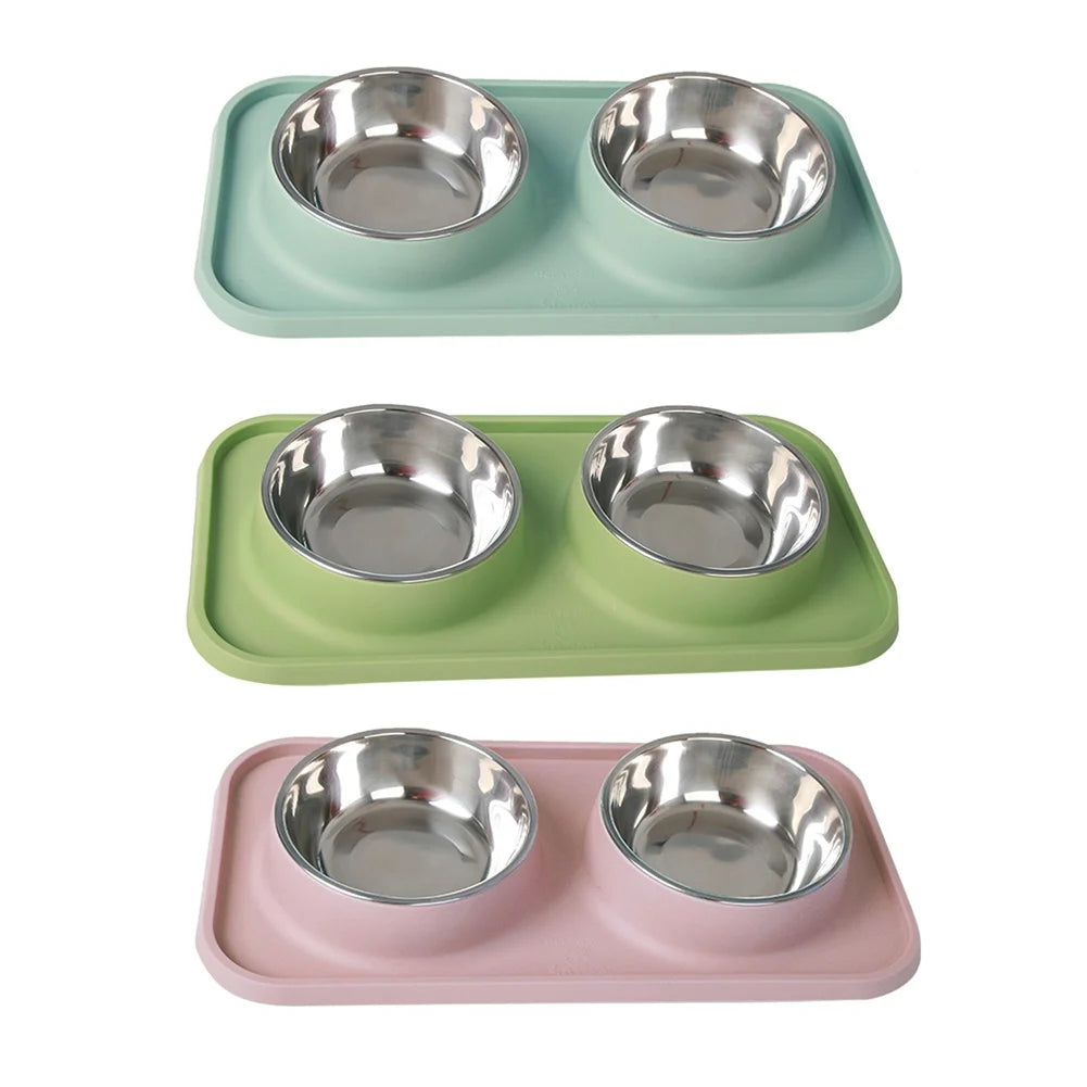 Double Dog Bowl With Silicone Mat Non-Slip Cat Bowl Stainless Steel Water Food Feeder Pet Feeding Drinking Bowls for Dogs Cats