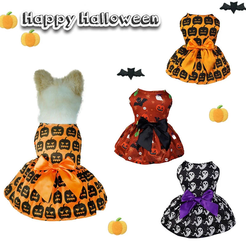 Halloween Dog Clothes  Funny Pet Dress Pumpkin Print Dress Chihuahua Yorkie Bow Mesh Dress Pet Party Clothing Cat Dog Costume
