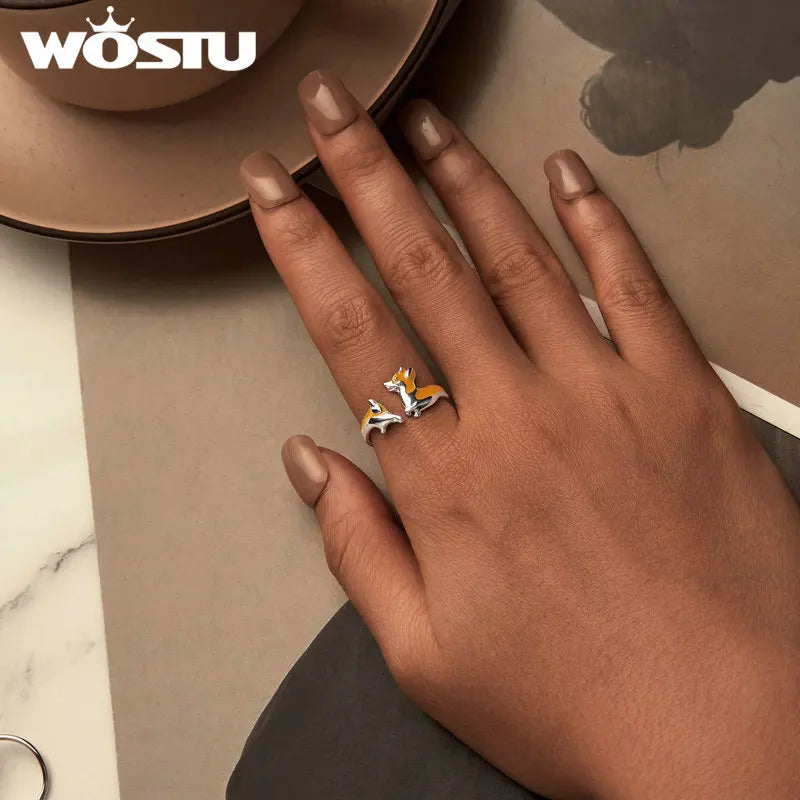 WOSTU 925 Sterling Silver Cute Yellow Corgi Dog Pet Opening Ring Girl Daily Wear Animal Adjustable Rings Gift For family Daugter