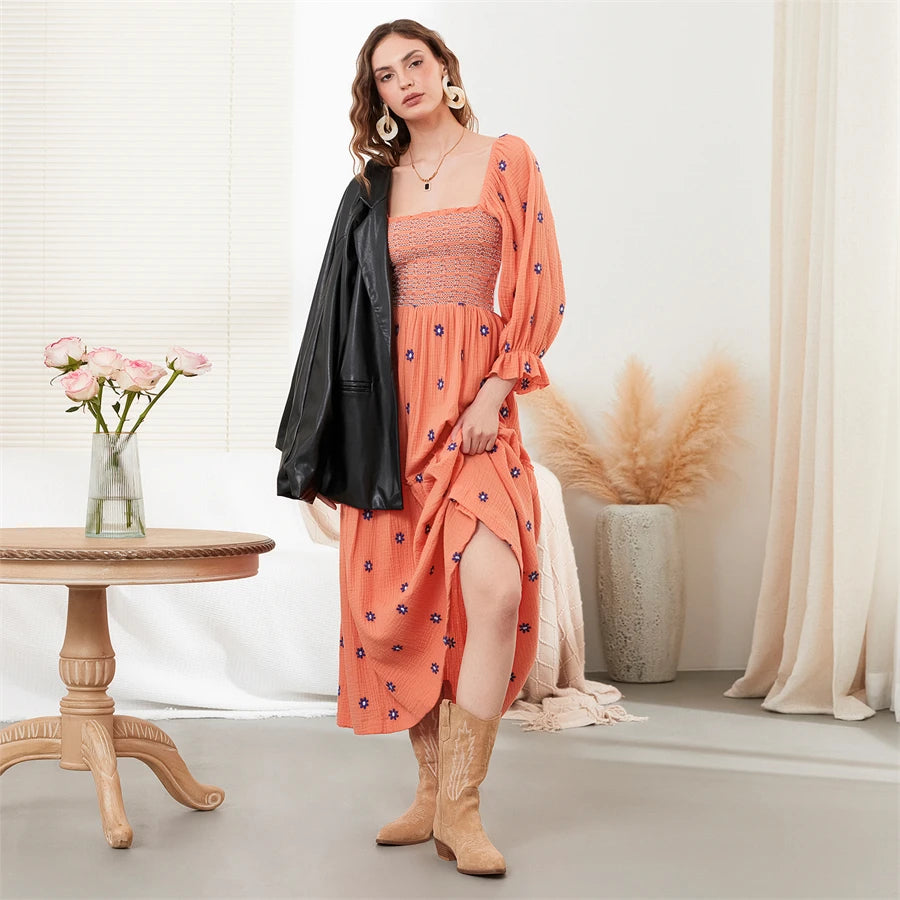 wsevypo Retro Embroidered Flowers Flowy Long Dress Women's Long Puff Sleeve Square Neck Smocked A-Line Dress for Beach Vacation
