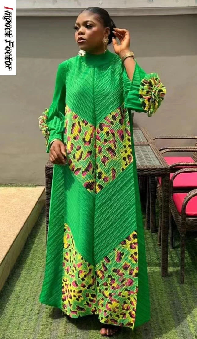 2024 Miyake Fashion Splicing Leopard Print Maxi Dress with Round Neck Hand Shake Flower Horn Sleeves Long Loose Fit Long Dress