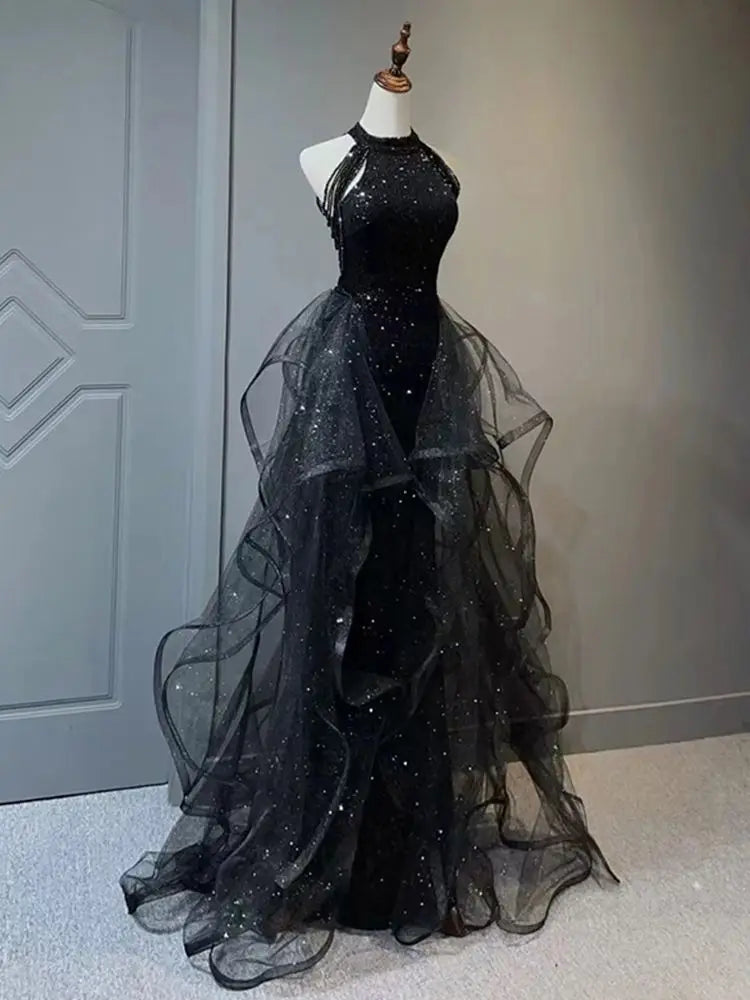 YOSIMI Women Evening Party Long Dress 2023 Summer Vintage Mesh Floor-Length Sleeveless Black Dress Trumpet Sexy Mermaid Vestido