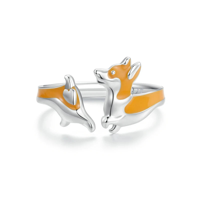 WOSTU 925 Sterling Silver Cute Yellow Corgi Dog Pet Opening Ring Girl Daily Wear Animal Adjustable Rings Gift For family Daugter