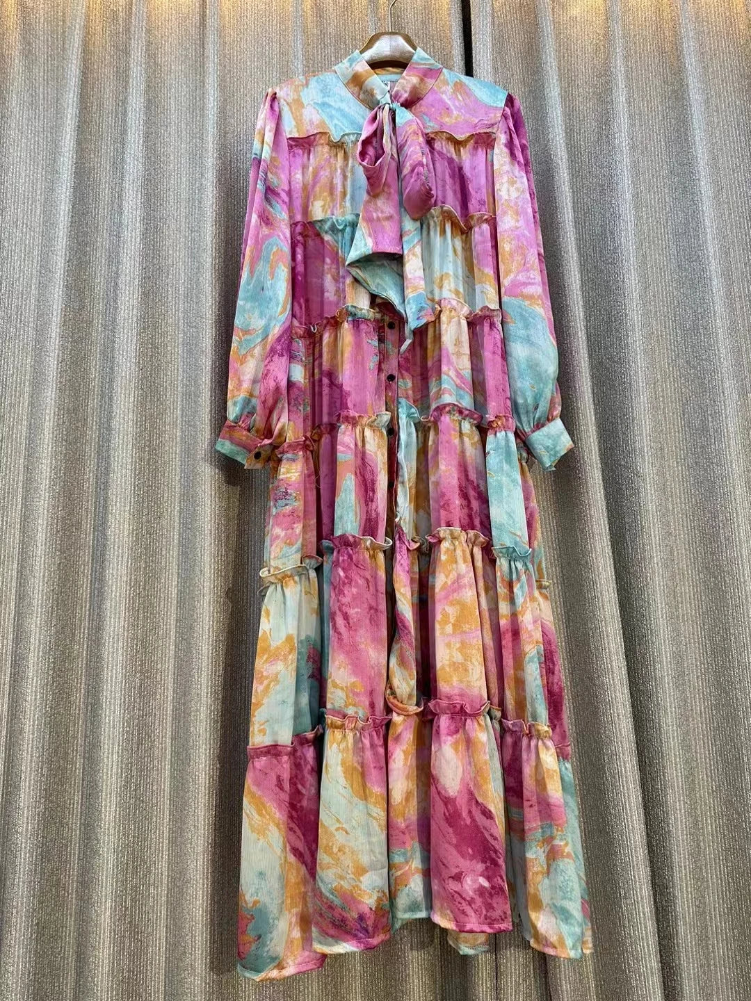 Print Pleated Single Breasted Retro For Women Bow Long Sleeve A-line Maxi Dresses Female Autumn Casual Vacation Party Long Dress