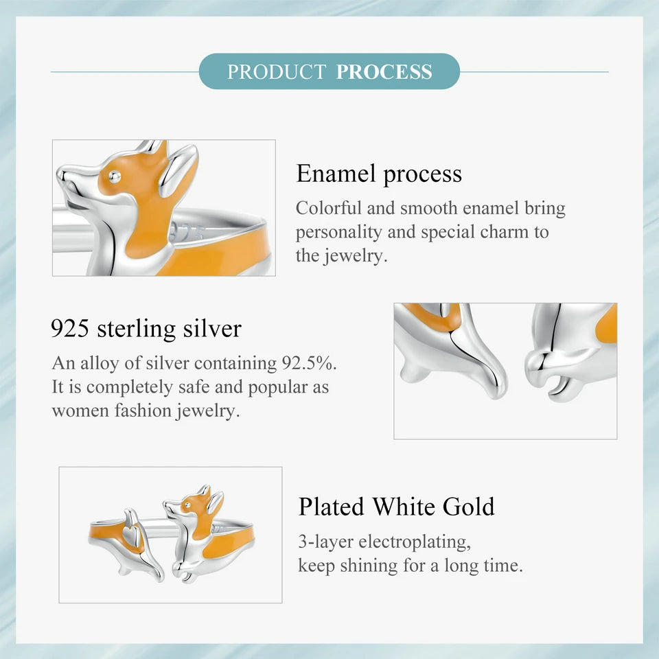 WOSTU 925 Sterling Silver Cute Yellow Corgi Dog Pet Opening Ring Girl Daily Wear Animal Adjustable Rings Gift For family Daugter
