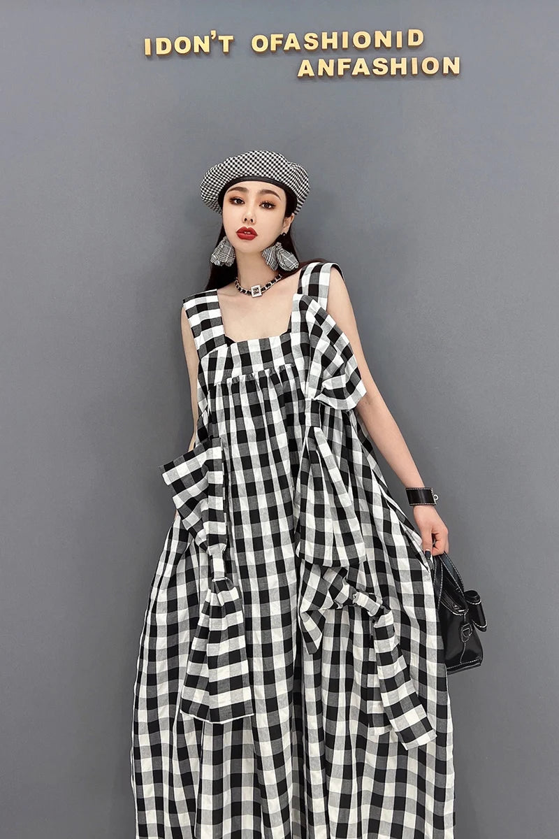 NYFS 2025 Summer New Plaid Dresses Backless Sleeveless Patchwork Bow Small Fresh Minority Elegant Loose Plus Size Long Dress