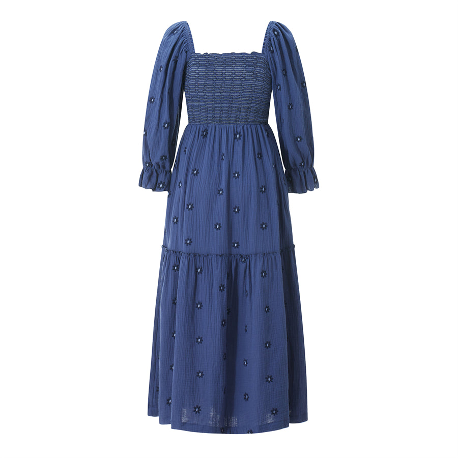 wsevypo Retro Embroidered Flowers Flowy Long Dress Women's Long Puff Sleeve Square Neck Smocked A-Line Dress for Beach Vacation