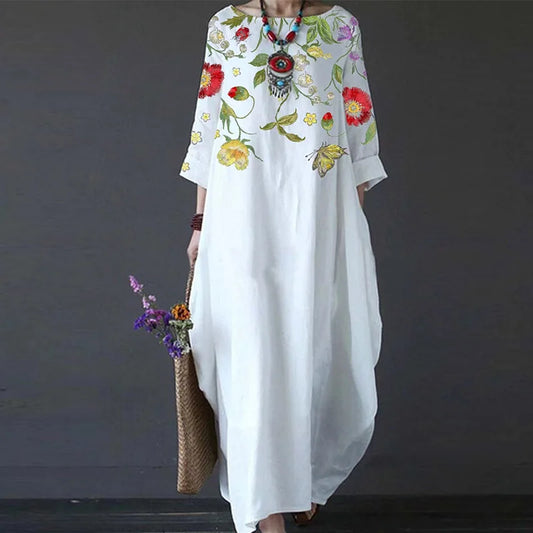 Elegant Boho Loose Swing Maxi Dress Retro Art Print 3/4 Sleeve Pocket Long Dress Casual O-Neck Office Lady Pullover Dress Mujer
