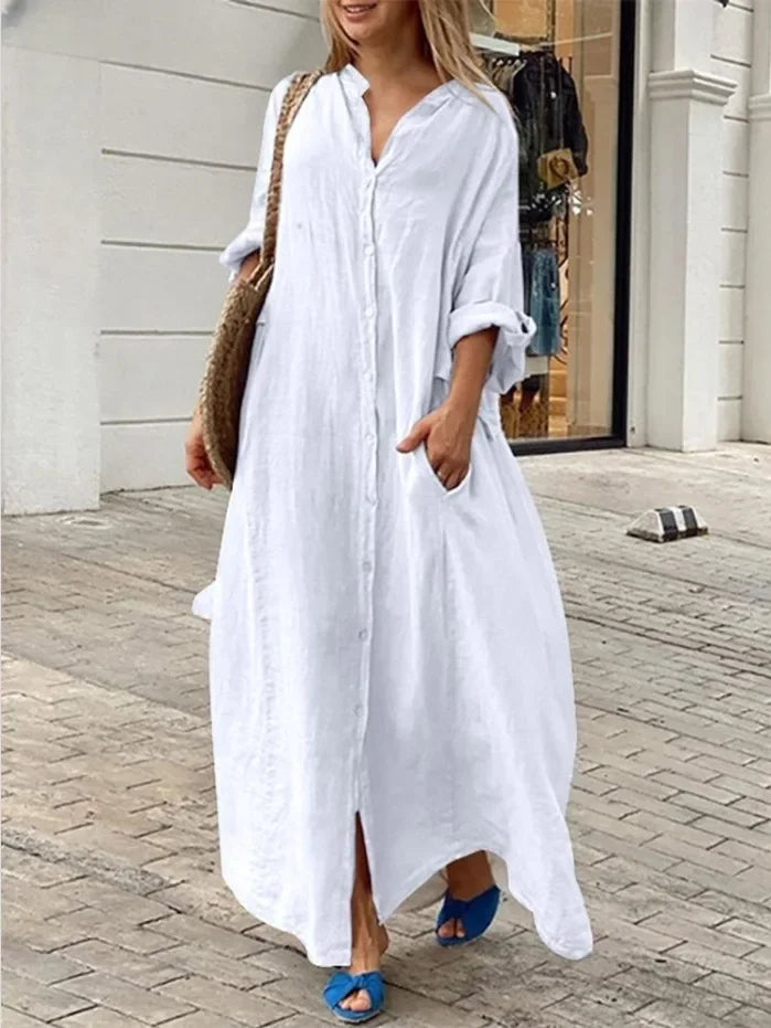 2025 Women's Casual Cotton Linen Long Dress Solid Long Sleeve Oversize Shirt Dresses Female Fashion Loose Ladies' Clothing Dress