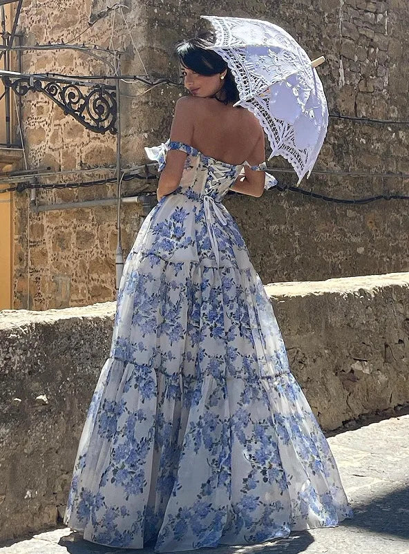2025 Spring/Summer New European and American Off Shoulder Women's Fashion Organza Fairy Long Dress Elegant Evening Dress