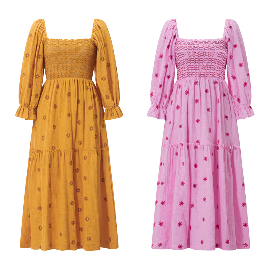 wsevypo Retro Embroidered Flowers Flowy Long Dress Women's Long Puff Sleeve Square Neck Smocked A-Line Dress for Beach Vacation