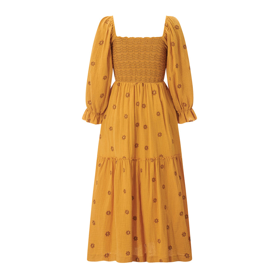 wsevypo Retro Embroidered Flowers Flowy Long Dress Women's Long Puff Sleeve Square Neck Smocked A-Line Dress for Beach Vacation