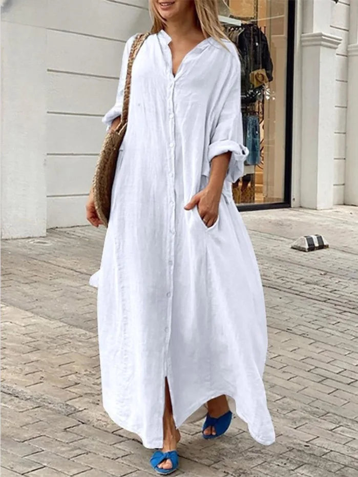 2025 Women's Casual Cotton Linen Long Dress Solid Long Sleeve Oversize Shirt Dresses Female Fashion Loose Ladies' Clothing Dress