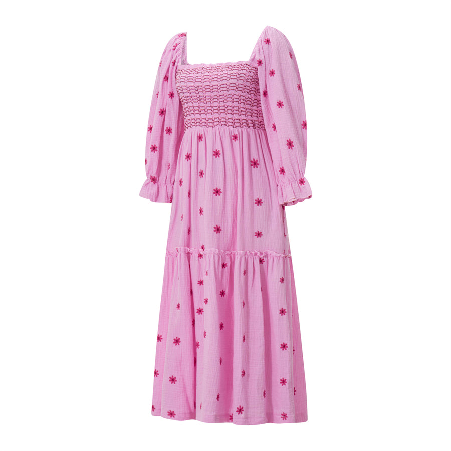 wsevypo Retro Embroidered Flowers Flowy Long Dress Women's Long Puff Sleeve Square Neck Smocked A-Line Dress for Beach Vacation