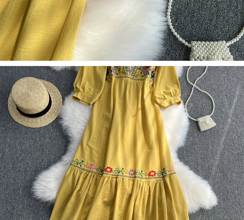 Spring/Summer Women's Travel Vacation Vintage Long Dress Bohemian Ethnic Style Embroidered Waist Tie up Cotton and Linen Dress ﻿