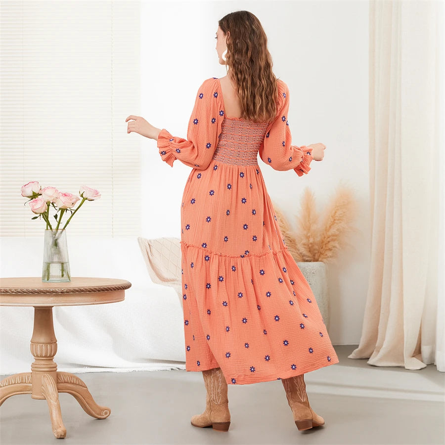 wsevypo Retro Embroidered Flowers Flowy Long Dress Women's Long Puff Sleeve Square Neck Smocked A-Line Dress for Beach Vacation