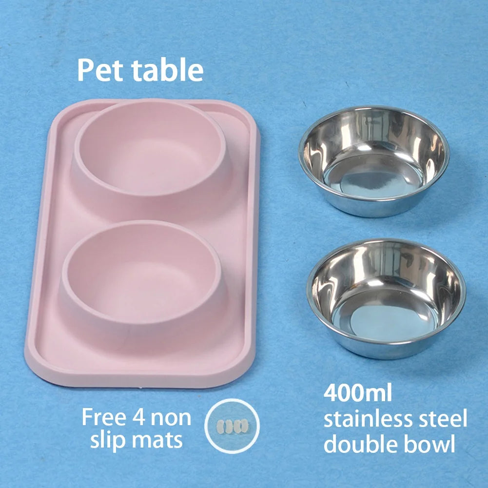 Double Dog Bowl With Silicone Mat Non-Slip Cat Bowl Stainless Steel Water Food Feeder Pet Feeding Drinking Bowls for Dogs Cats