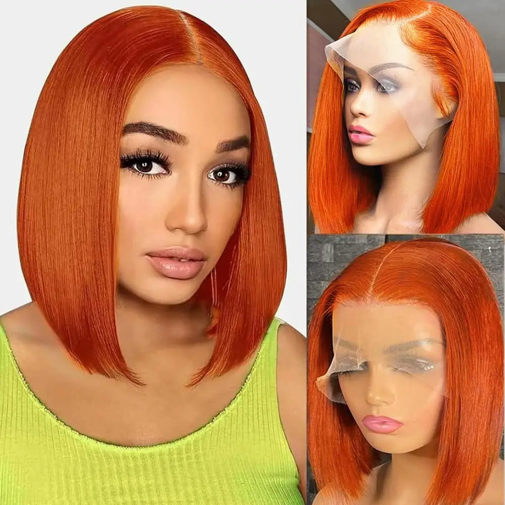 16 Inch180 Density Short Bob Wigs Pre Plucked Natural Hairline Wig Ginger Orange Straight Bob 13x5 HD Lace Front Wig Human Hair