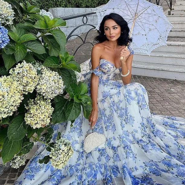 2025 Spring/Summer New European and American Off Shoulder Women's Fashion Organza Fairy Long Dress Elegant Evening Dress