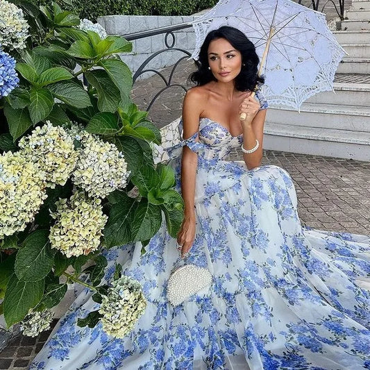 2025 Spring/Summer New European and American Off Shoulder Women's Fashion Organza Fairy Long Dress Elegant Evening Dress
