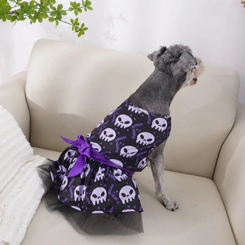 Halloween Dog Clothes  Funny Pet Dress Pumpkin Print Dress Chihuahua Yorkie Bow Mesh Dress Pet Party Clothing Cat Dog Costume