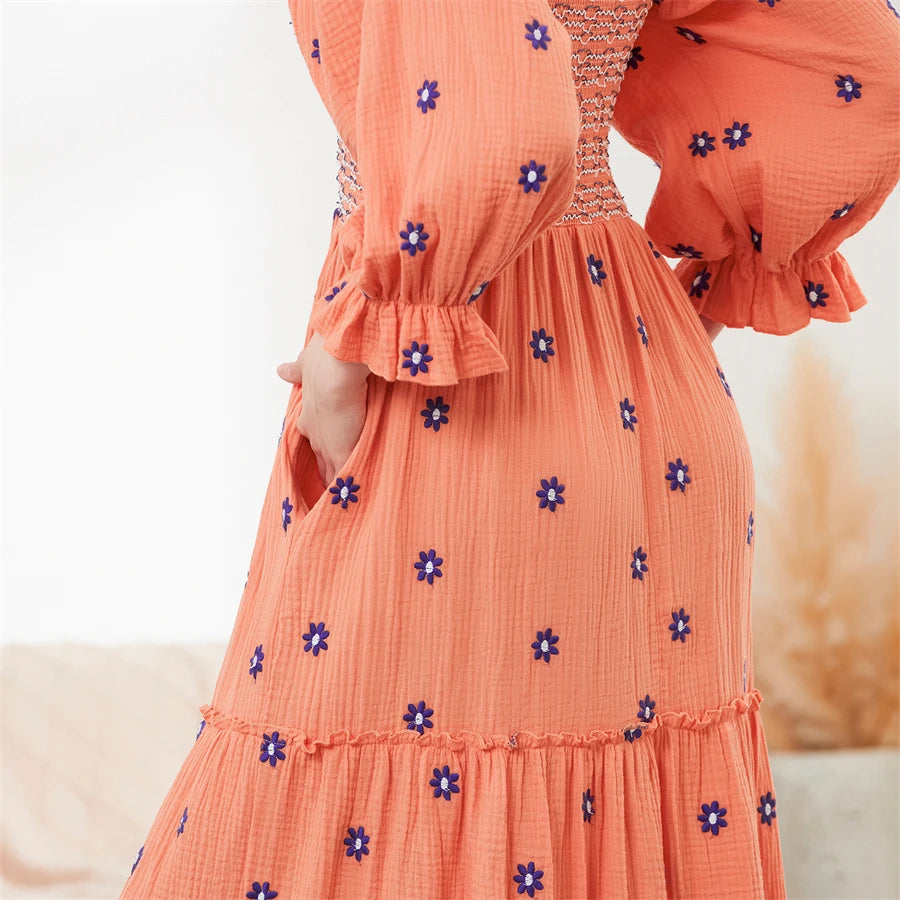 wsevypo Retro Embroidered Flowers Flowy Long Dress Women's Long Puff Sleeve Square Neck Smocked A-Line Dress for Beach Vacation