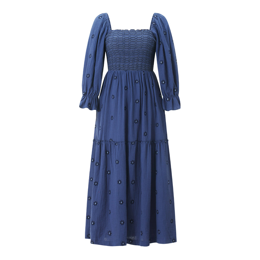 wsevypo Retro Embroidered Flowers Flowy Long Dress Women's Long Puff Sleeve Square Neck Smocked A-Line Dress for Beach Vacation