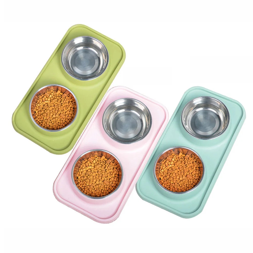 Double Dog Bowl With Silicone Mat Non-Slip Cat Bowl Stainless Steel Water Food Feeder Pet Feeding Drinking Bowls for Dogs Cats
