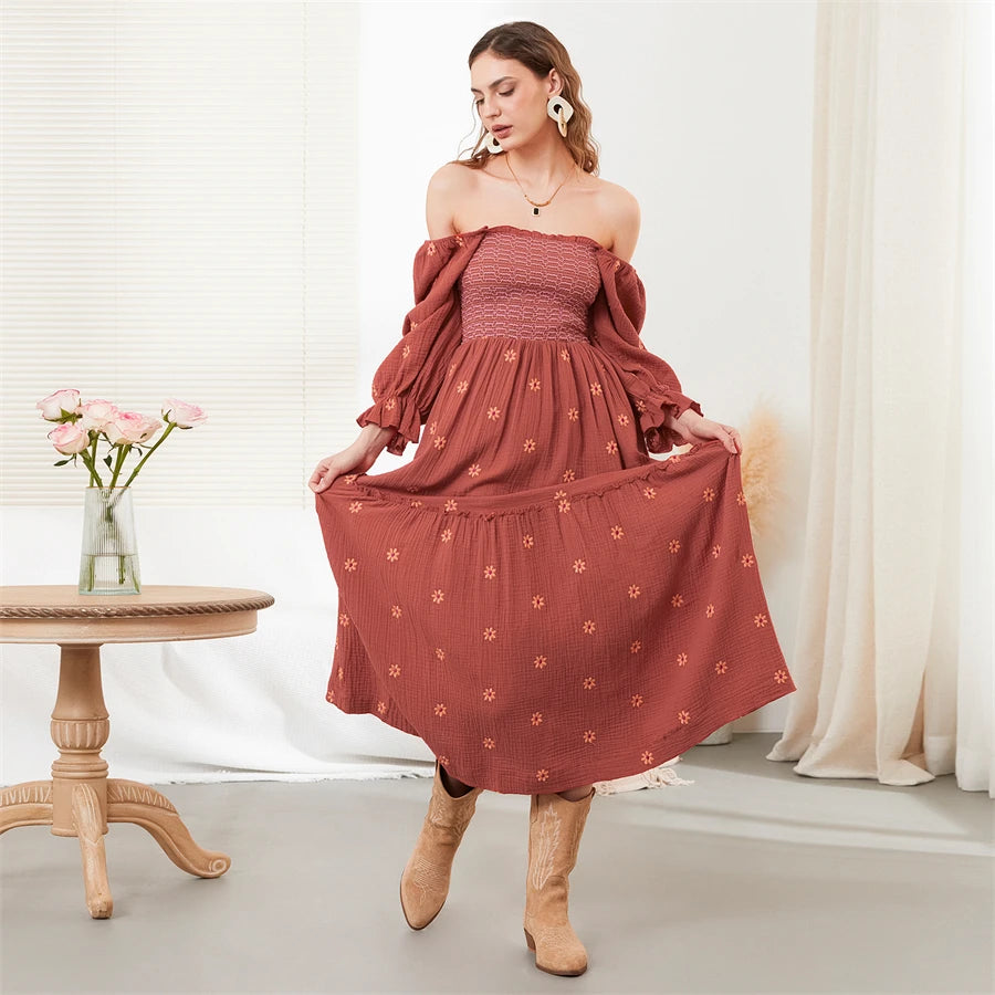 wsevypo Retro Embroidered Flowers Flowy Long Dress Women's Long Puff Sleeve Square Neck Smocked A-Line Dress for Beach Vacation