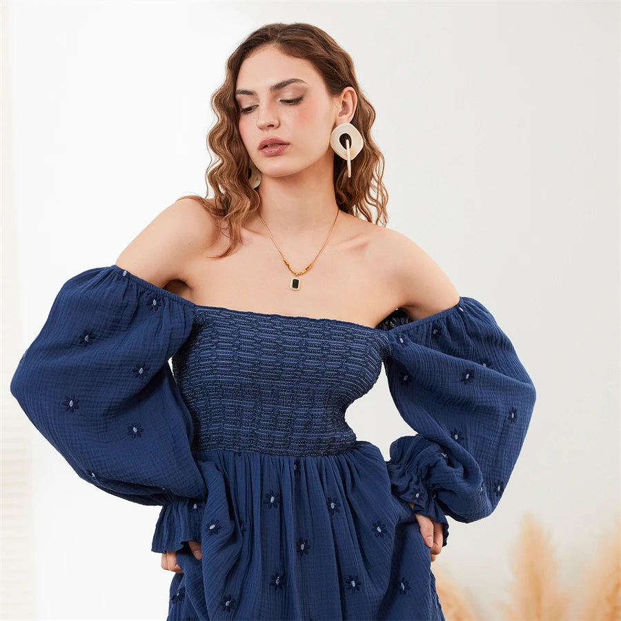 wsevypo Retro Embroidered Flowers Flowy Long Dress Women's Long Puff Sleeve Square Neck Smocked A-Line Dress for Beach Vacation