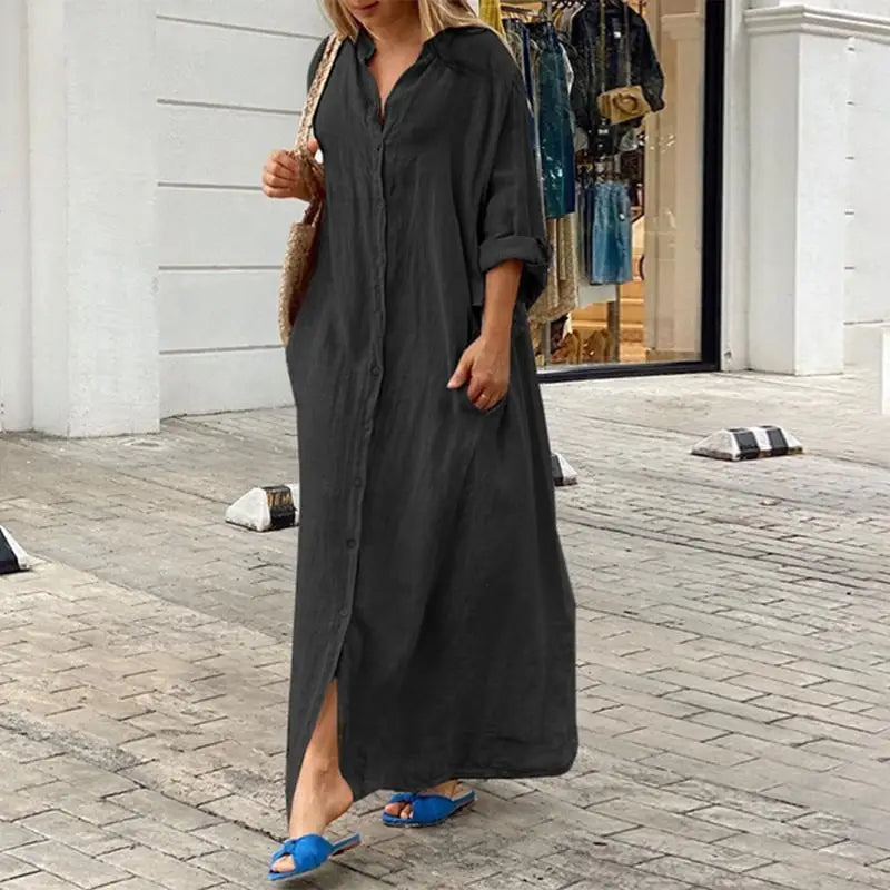 2025 Women's Casual Cotton Linen Long Dress Solid Long Sleeve Oversize Shirt Dresses Female Fashion Loose Ladies' Clothing Dress