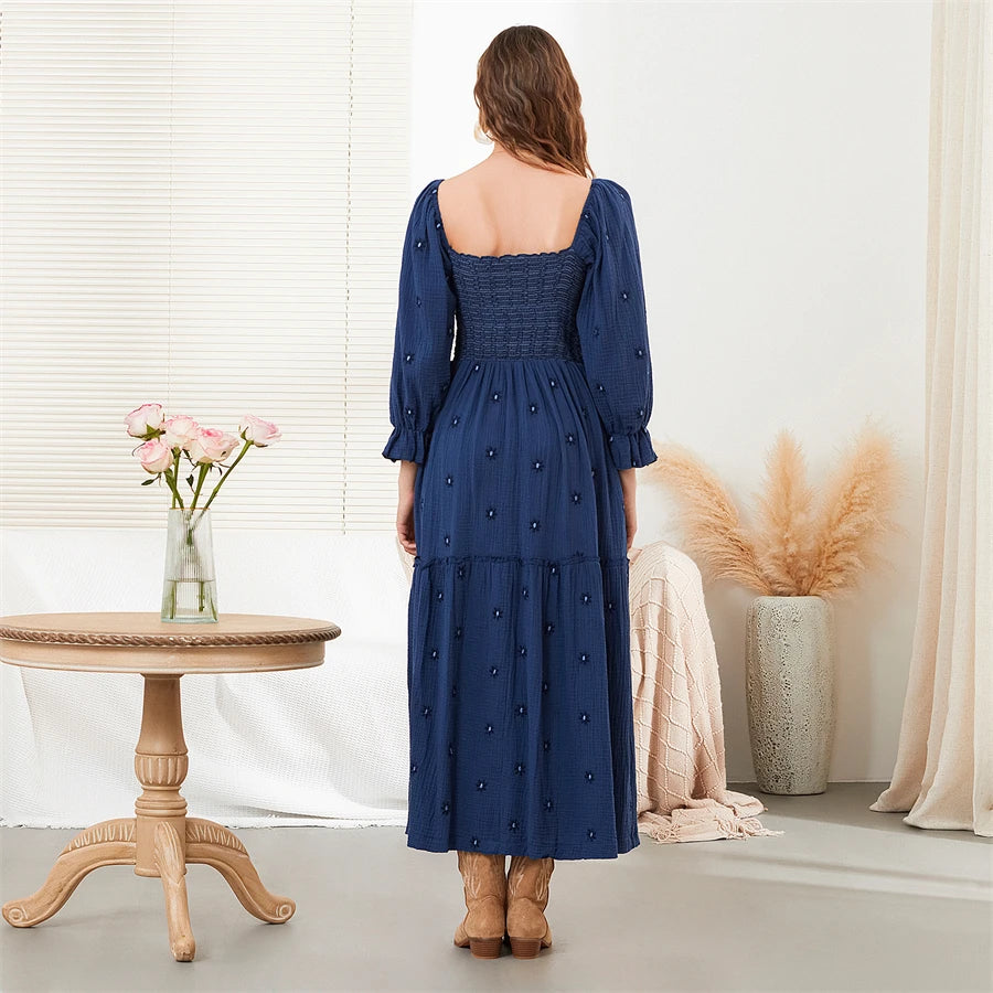 wsevypo Retro Embroidered Flowers Flowy Long Dress Women's Long Puff Sleeve Square Neck Smocked A-Line Dress for Beach Vacation