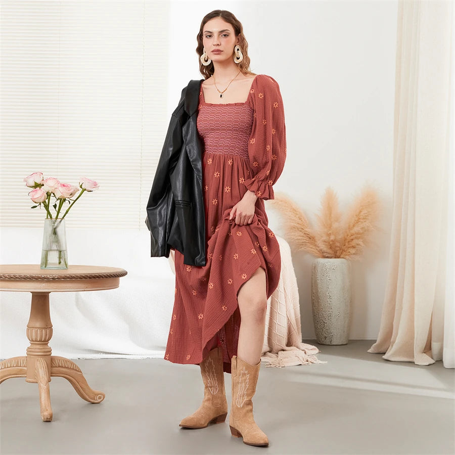 wsevypo Retro Embroidered Flowers Flowy Long Dress Women's Long Puff Sleeve Square Neck Smocked A-Line Dress for Beach Vacation