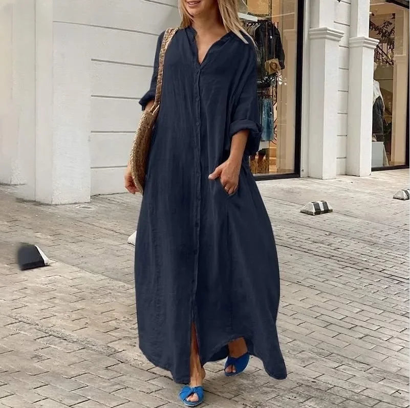 2025 Women's Casual Cotton Linen Long Dress Solid Long Sleeve Oversize Shirt Dresses Female Fashion Loose Ladies' Clothing Dress