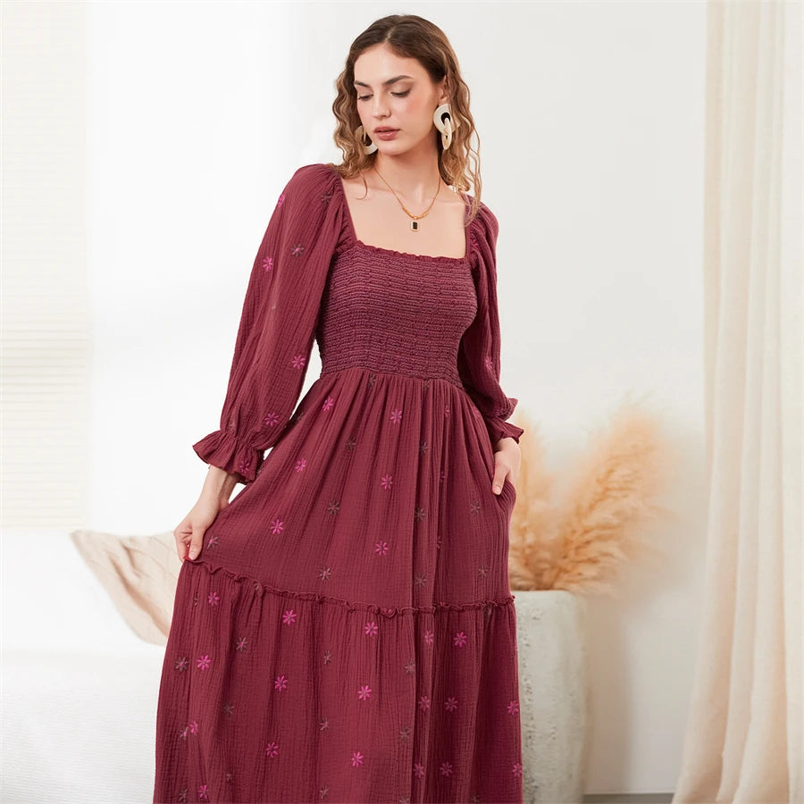 wsevypo Retro Embroidered Flowers Flowy Long Dress Women's Long Puff Sleeve Square Neck Smocked A-Line Dress for Beach Vacation