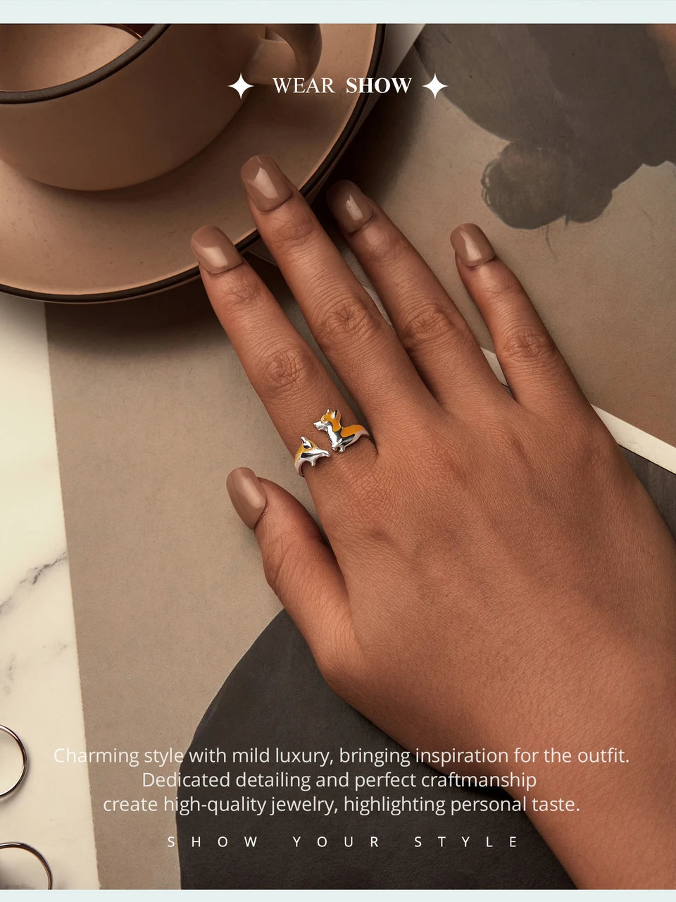 WOSTU 925 Sterling Silver Cute Yellow Corgi Dog Pet Opening Ring Girl Daily Wear Animal Adjustable Rings Gift For family Daugter