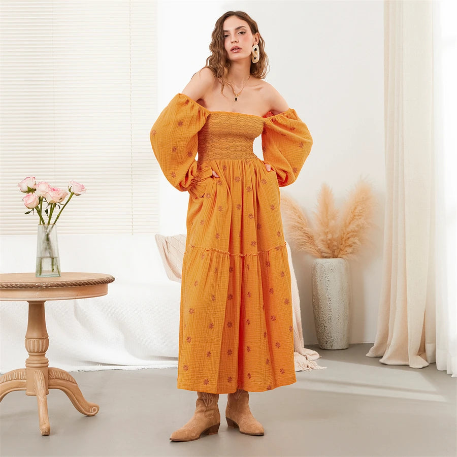 wsevypo Retro Embroidered Flowers Flowy Long Dress Women's Long Puff Sleeve Square Neck Smocked A-Line Dress for Beach Vacation