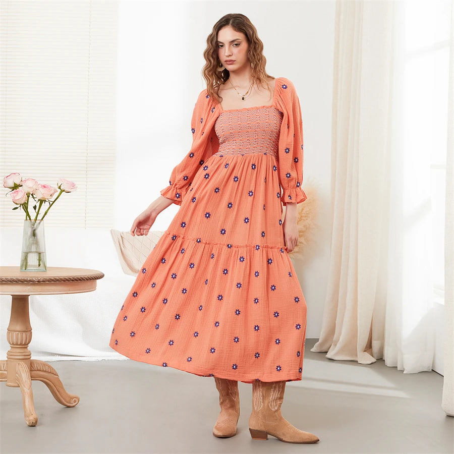 wsevypo Retro Embroidered Flowers Flowy Long Dress Women's Long Puff Sleeve Square Neck Smocked A-Line Dress for Beach Vacation