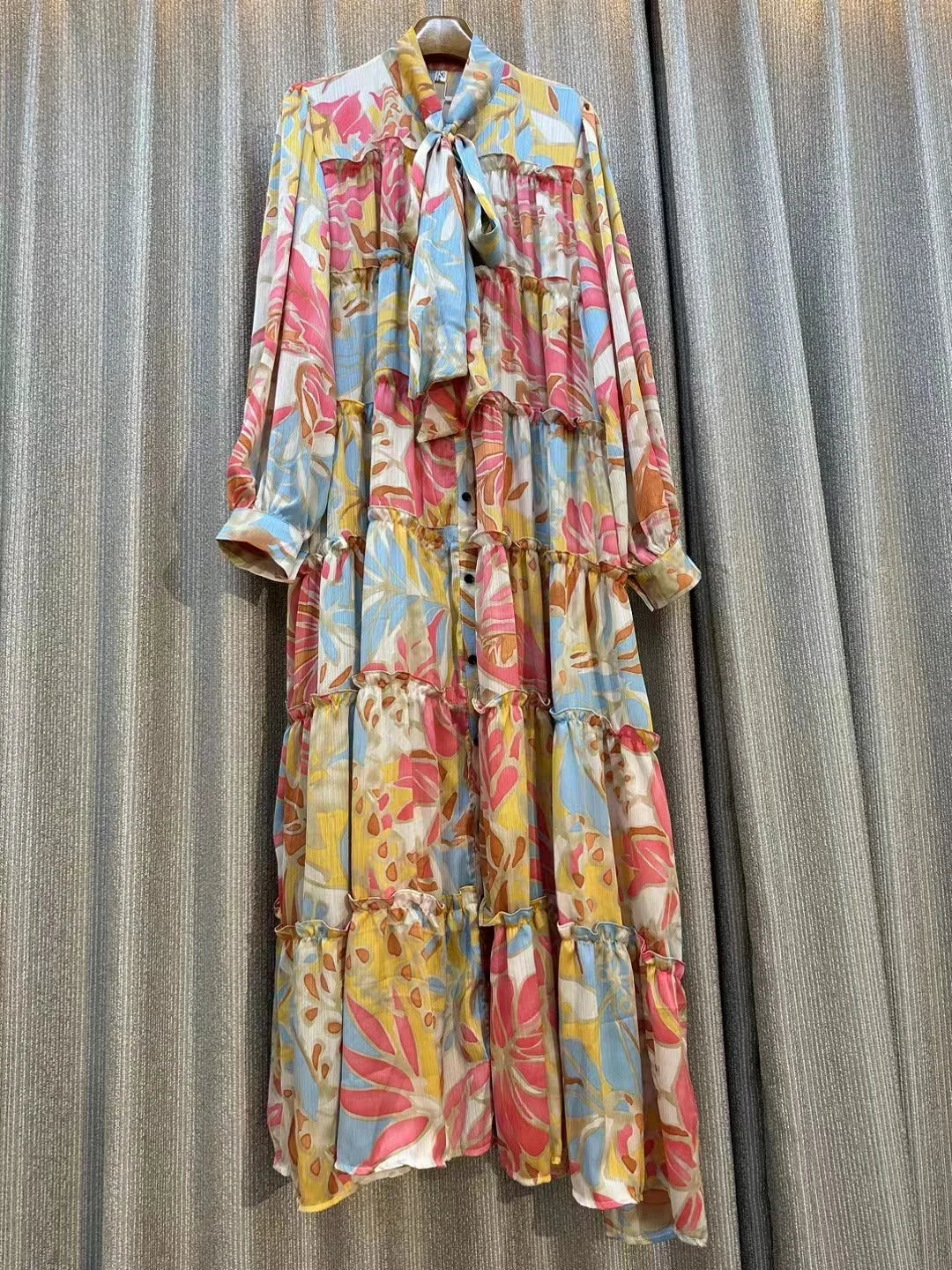 Print Pleated Single Breasted Retro For Women Bow Long Sleeve A-line Maxi Dresses Female Autumn Casual Vacation Party Long Dress