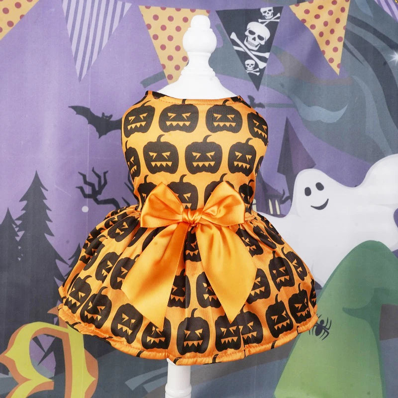 Halloween Dog Clothes  Funny Pet Dress Pumpkin Print Dress Chihuahua Yorkie Bow Mesh Dress Pet Party Clothing Cat Dog Costume