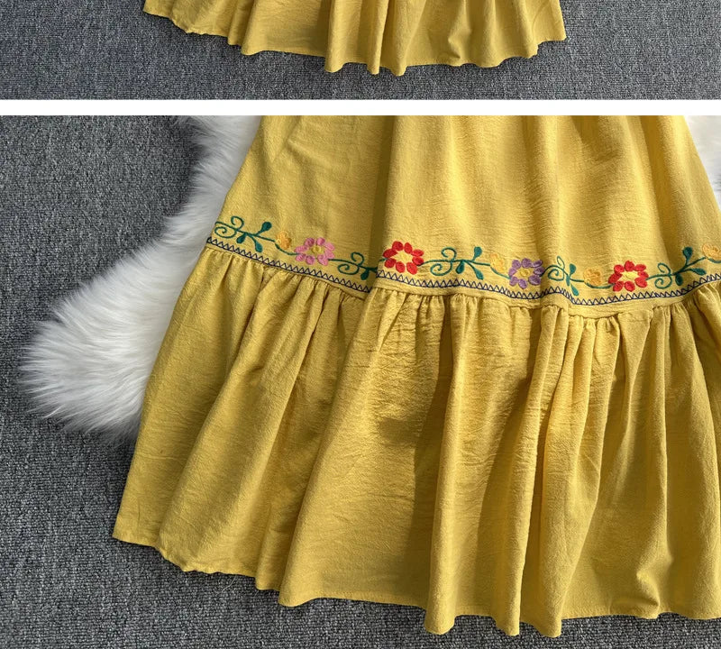 Spring/Summer Women's Travel Vacation Vintage Long Dress Bohemian Ethnic Style Embroidered Waist Tie up Cotton and Linen Dress ﻿