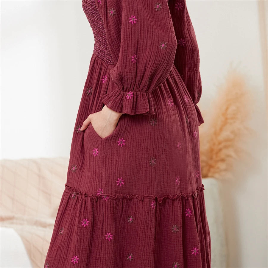 wsevypo Retro Embroidered Flowers Flowy Long Dress Women's Long Puff Sleeve Square Neck Smocked A-Line Dress for Beach Vacation