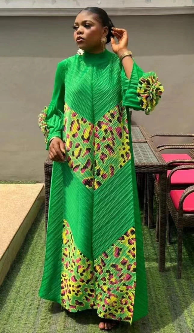 2024 Miyake Fashion Splicing Leopard Print Maxi Dress with Round Neck Hand Shake Flower Horn Sleeves Long Loose Fit Long Dress
