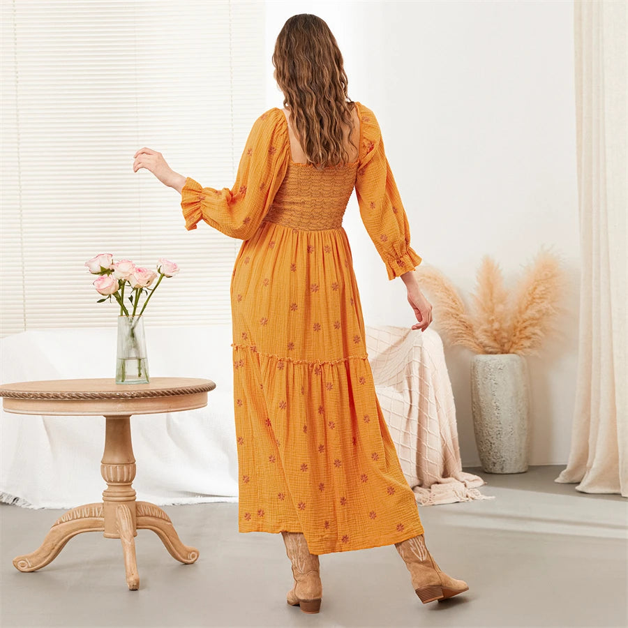 wsevypo Retro Embroidered Flowers Flowy Long Dress Women's Long Puff Sleeve Square Neck Smocked A-Line Dress for Beach Vacation