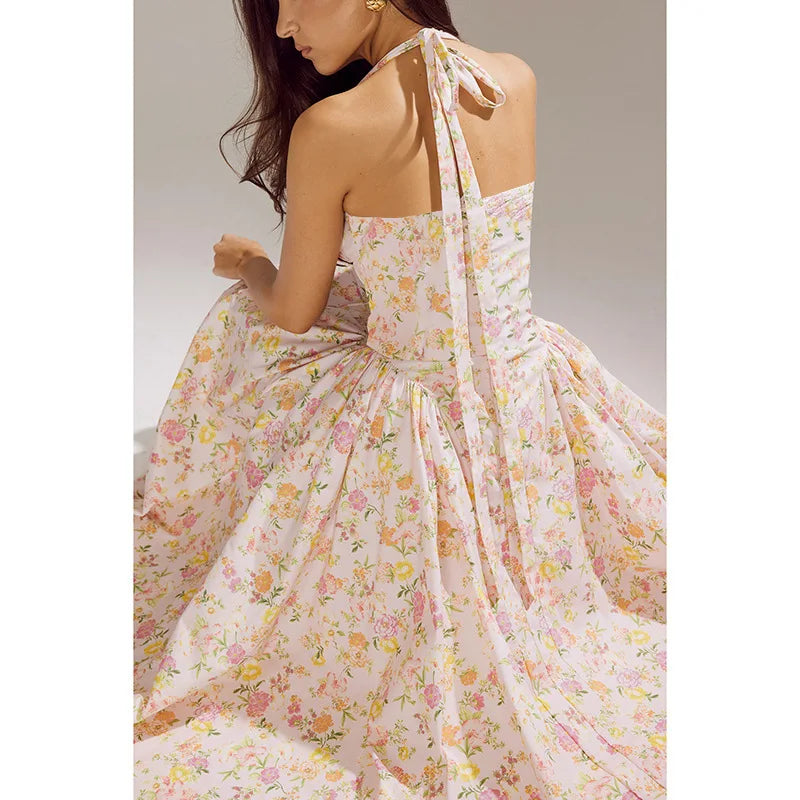 Townlike Waist Wrap Print A-line Elegant Midi Long Dress Women Halter 2024 Spring Summer Dress Backless Sexy Party Dresses
