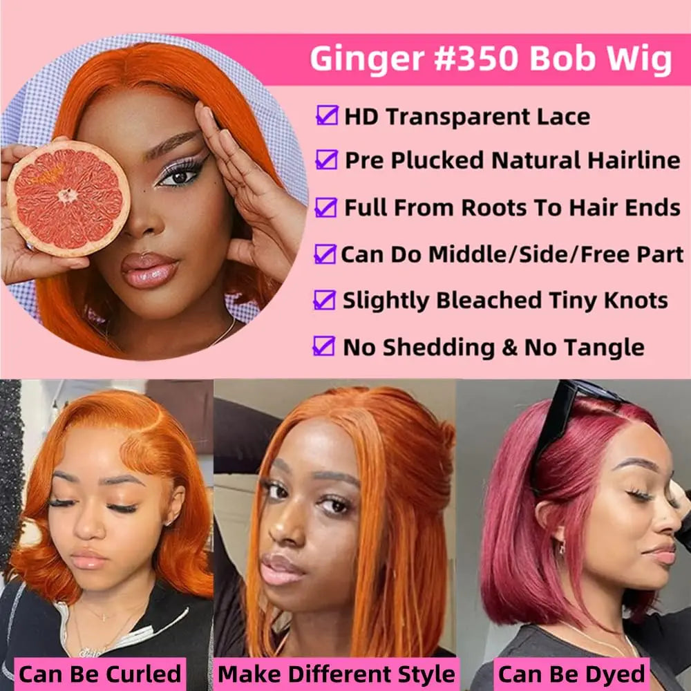 16 Inch180 Density Short Bob Wigs Pre Plucked Natural Hairline Wig Ginger Orange Straight Bob 13x5 HD Lace Front Wig Human Hair