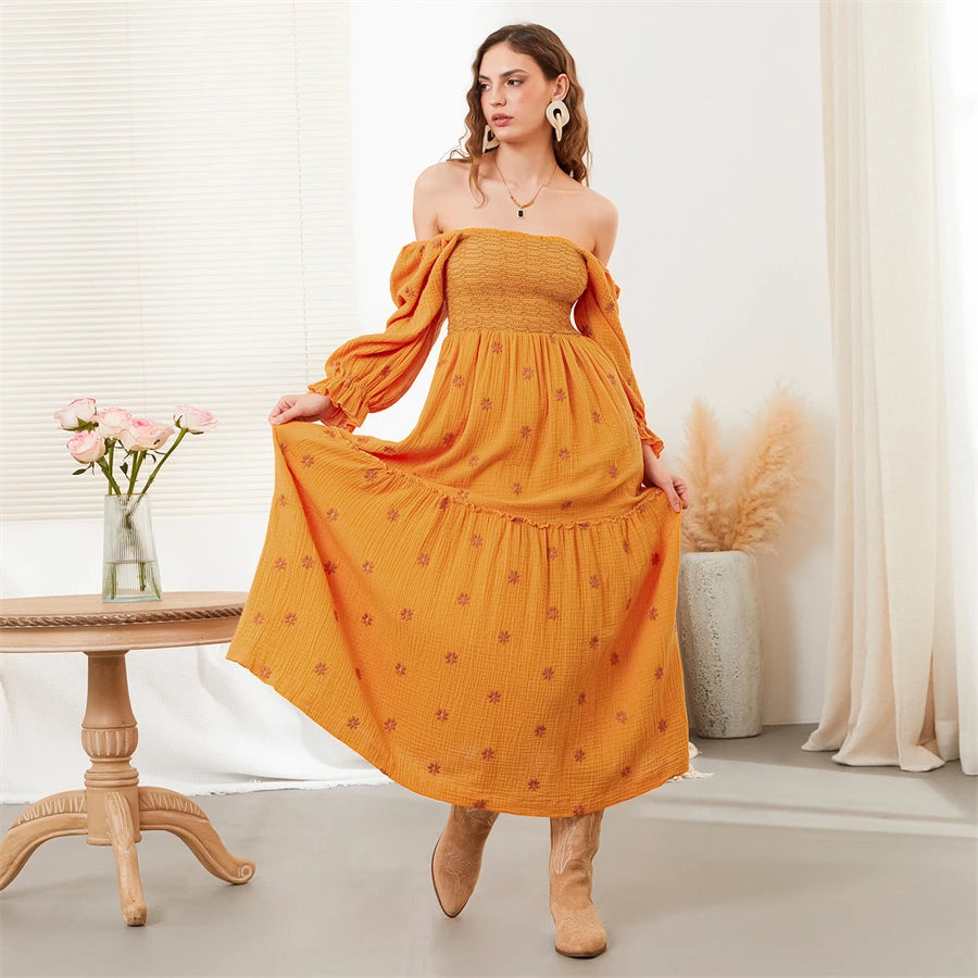 wsevypo Retro Embroidered Flowers Flowy Long Dress Women's Long Puff Sleeve Square Neck Smocked A-Line Dress for Beach Vacation